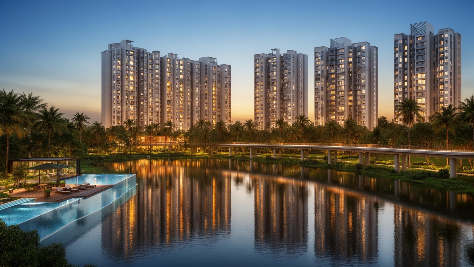 Amberstone Codename LakeOne lakeside apartments at dusk